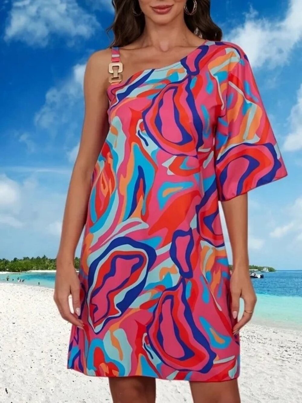 NWOT Shein Colorful One Shoulder Dress Size XL 12 Pink Orange Blue Cruise Date